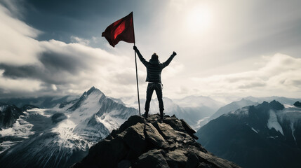 Naklejka na ściany i meble Man standing on top of mountain with flag, success leadership concept