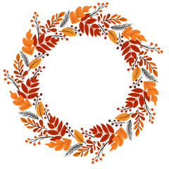 Round frame of autumn leaves and berries.