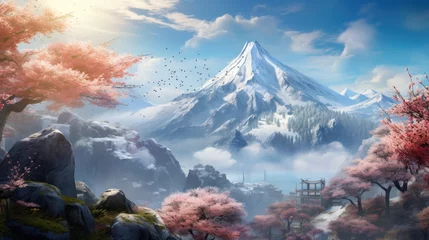 Crédence de cuisine en verre imprimé Zen Beautiful Japan Mountain Range Game Art