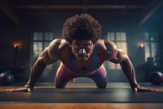 Afro athlete pushups at home. Generate Ai