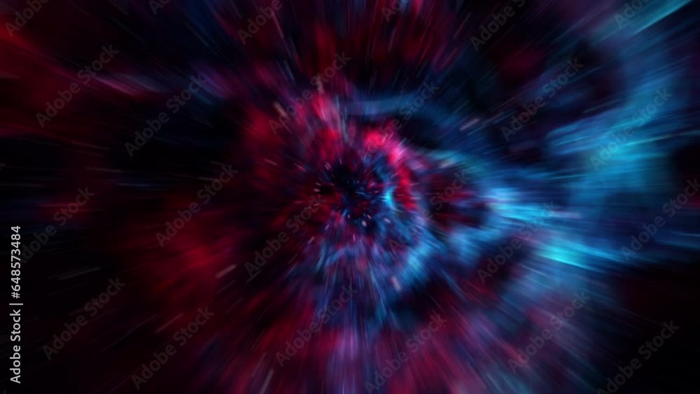 Poster abstract loop interstellar flight, time travel jump to blue red nebula galaxy warp sci fi background