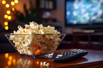 Bowl of popcorn and remote control in living room at home.