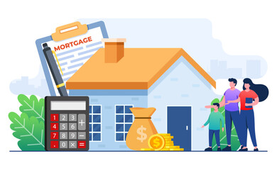 Family buying home with mortgage and paying credit to bank concept flat illustration, House loan or money investment to real estate concept template, Mortgage loan, Purchasing property, Home loan