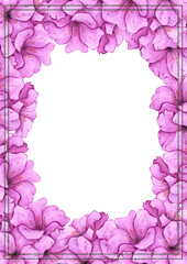 Hand drawn watercolor purple azalea frame boarder isolated on white background. Can be used for invitation, postcard, poster, book decoration and other printed products.