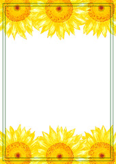 Hand drawn watercolor yellow sunflower boarder frame isolated on white background. Can be used for invitation, postcard, poster, book decoration and other printed products.
