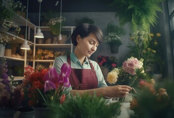 Woman flower arranger florist. Generate Ai - obrazy, fototapety, plakaty