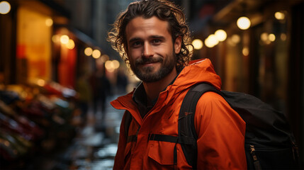 Fototapeta premium young handsome man in a jacket with a backpack on a city background. 