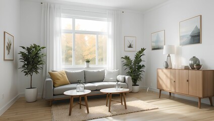 A living room with a modern sense. A view with a sofa and a frame, with an autumn atmosphere, and a neat picture of the interior of the apartment. Generative AI