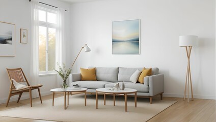 A living room with a modern sense. A view with a sofa and a frame, with an autumn atmosphere, and a neat picture of the interior of the apartment. Generative AI