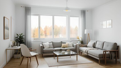 Obraz na płótnie Canvas A living room with a modern sense. A view with a sofa and a frame, with an autumn atmosphere, and a neat picture of the interior of the apartment. Generative AI