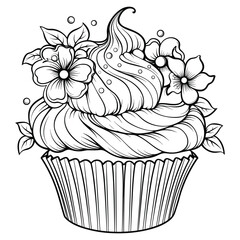 Cup cake coloring book pages for kids, Cup cake outline vector