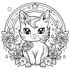 Cute cat unicorn and rainbow hand drawn coloring page vector