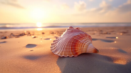 A beautiful seashell illuminated by the warm sunset light on a sandy beach - obrazy, fototapety, plakaty