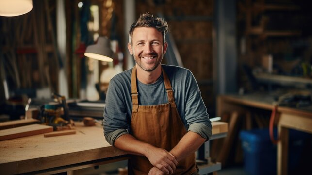 Portrait of carpenter handsome man smiling at factory