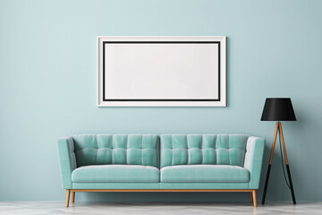living room with sofa against cyan background, poster frame, mockup