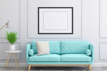 a cyan color sofa and white pillows living room black poster frame mockup