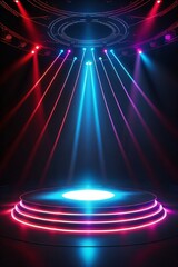 empty nightclub stage illuminated colorful spotlights with circle podium made with Generative AI