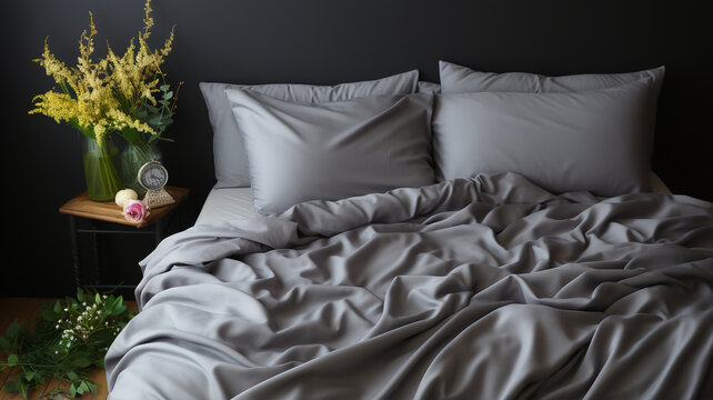cozy bed with flowers and pillows