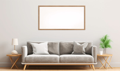living room with grey sofa and wood frame poster, mockup