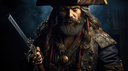 Fototapeta premium Portrait of medieval bearded pirate holding sword and gun.