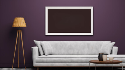 living room with light grey sofa against purple background, home decor 