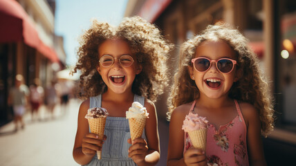cute little girl eating ice cream with two girls