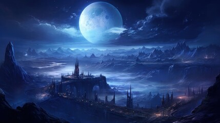 View from a hill of the beautiful city at night game art