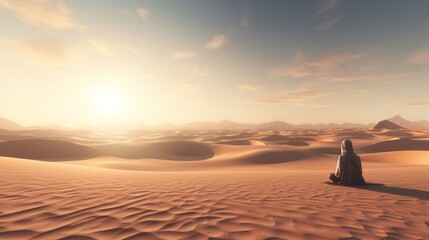 Fototapeta na wymiar A lone figure sitting in the vast expanse of a desert