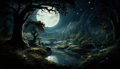 Mystical night, Enchanting crescent moon painting in a dark forest