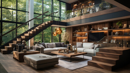 Obraz na płótnie Canvas modern living room with fireplace and wooden staircase