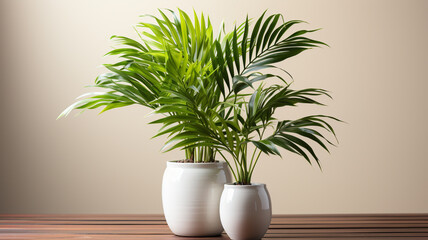 beautiful green tropical plant on white table against grey wall