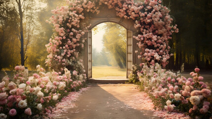 Naklejka premium Elegantly adorned wedding arch with a stunning floral pathway