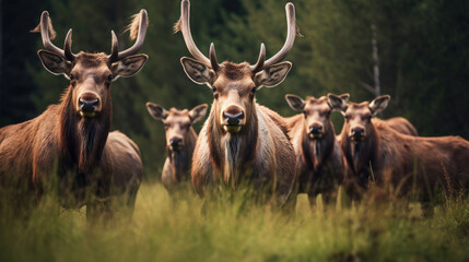 Naklejka na ściany i meble A group of moose on green grass close-up