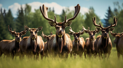 A group of moose on green grass close-up