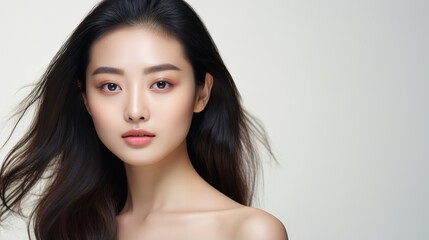 Naklejka premium Young asian woman looking at the camera on a white background, clean fresh skin, face care, facial treatment, cosmetology, beauty, and spa