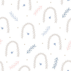 Bohemian style fancy plant branch, rainbow seamless pattern, simple cartoon vector illustration, repeat ornament in tender trendy pastel color for children, nursery decor, poster, textile, gift paper
