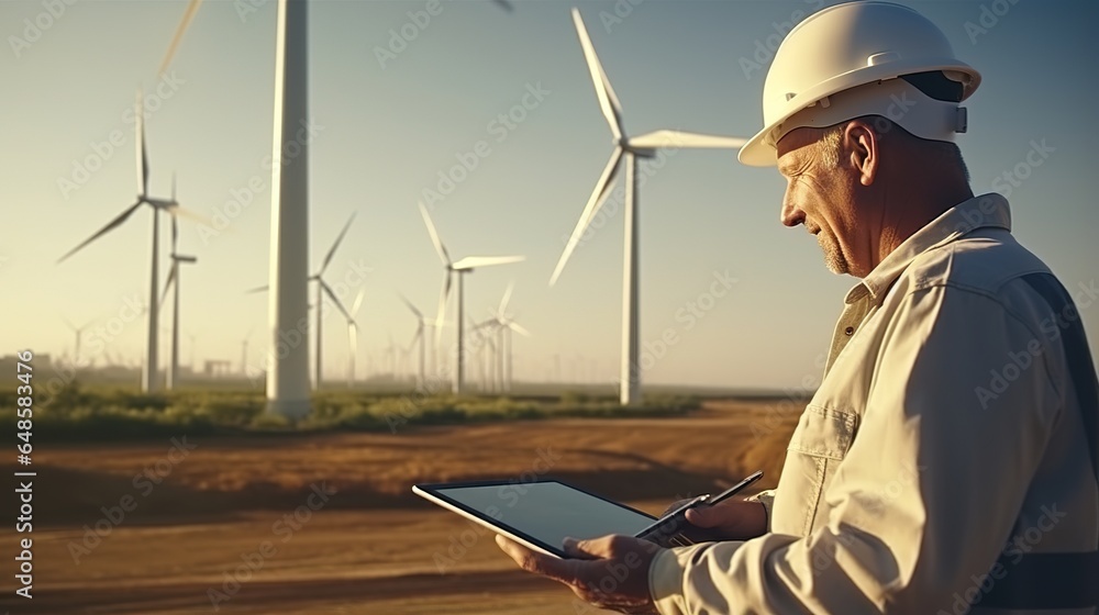 Aufkleber man uses tablets while working in a wind turbine with a maintenance engineer.