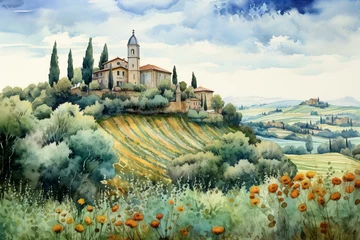 Poster Illustration of a Tuscany landscape using watercolor. Generative AI © Cybele