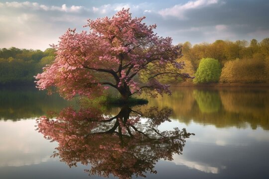 Stunning blooming tree reflected on serene lake. Generative AI