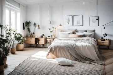 a gender-neutral Scandinavian bedroom with neutral-colored textiles and patterns 