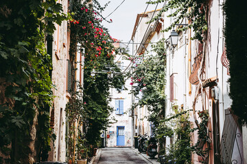 Vue sur une ruelle fleurie de la ville d'Argeles-sur-mer dans les Pyrénées Orientales, France


