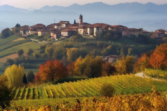 Rural Italian village surrounded by vineyards in the Piedmont region of Europe. Generative AI