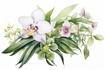 Watercolor painting of tropical orchids and green leaves on a white background. Generative AI