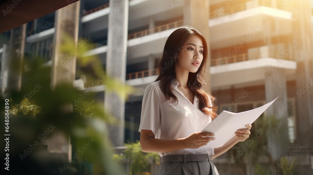 Wall mural A female engineer inspects a construction site. A woman architect holds a blueprint. generative ai