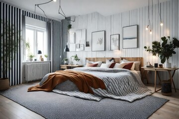a Scandinavian bedroom with a mix of striped and checkered textiles 