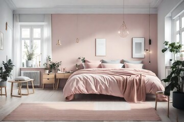 a Scandinavian bedroom with a combination of soft blush pink and gray 