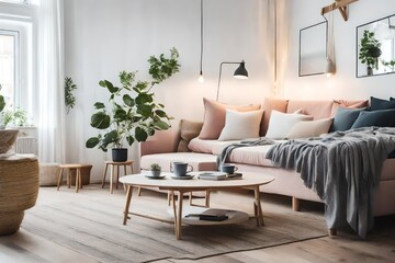 a cozy seating area in your Scandinavian bedroom with a comfortable sofa and coffee table 