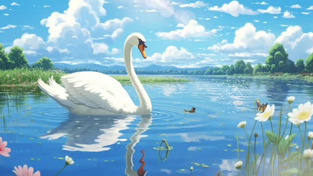 beautiful swan floating on the lake background in anime illustration style, 4K animation