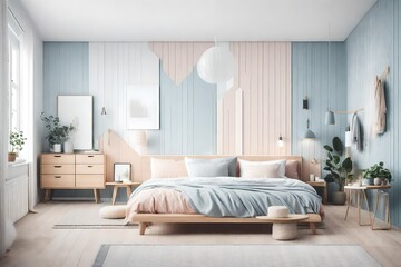 Fototapeta na wymiar Design a Scandinavian bedroom with a soft pastel color palette 