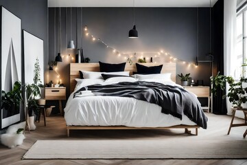 a Scandinavian bedroom with a high-contrast black and white color scheme 